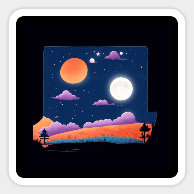 A whimsical cartoon landscape of a starry night sky with a bright full moon illuminating the landscape with in a box Sticker by cloudart
